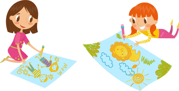 微笑的女孩用颜色画父母和狮子图片下载