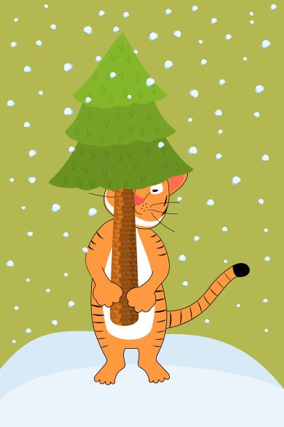 可爱的矢量插图卡通老虎-象征中国新年2022年在冬天的背景。动物从森林里带来圣诞树。图片下载