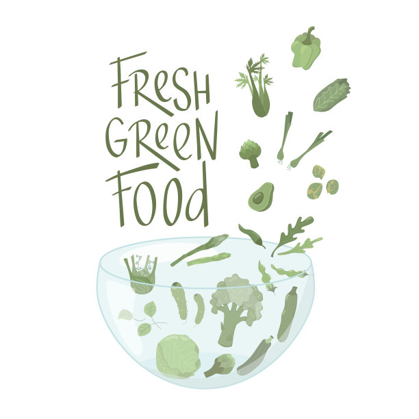 新鲜的绿色食物与蔬菜波西米亚颜色标志。图片下载