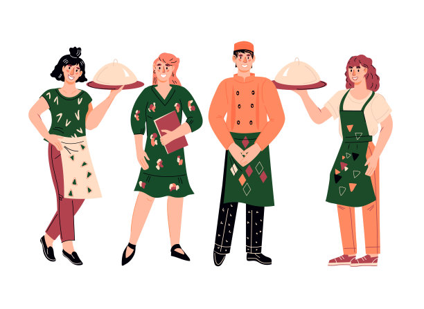 餐厅或餐饮、快餐店的员工人物矢量插图孤立。图片下载