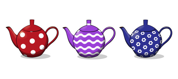 三个孤立在白色背景上的茶壶。有图案的红、紫、蓝瓷茶壶。矢量图图片下载