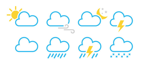 天气线图标的设置。平面矢量天气标志晴朗，下雨，下雪，多云，风暴在白色背景。图片下载