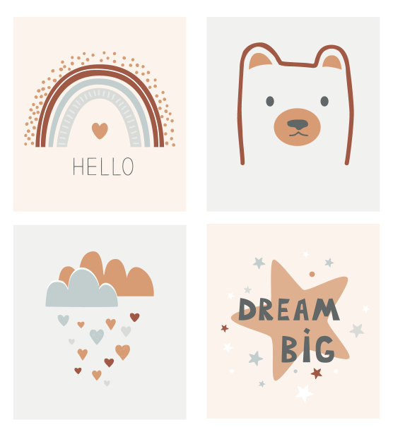 儿童斯堪的纳维亚海报设置。卡通明星，小熊头，心云，卡通彩虹和Hello短语。北欧风格的纸牌。手绘矢量插图，室内设计元素图片下载