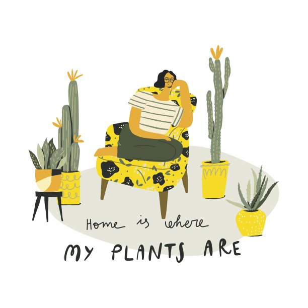 坐在扶手椅里的女人，周围都是植物。矢量图图片下载
