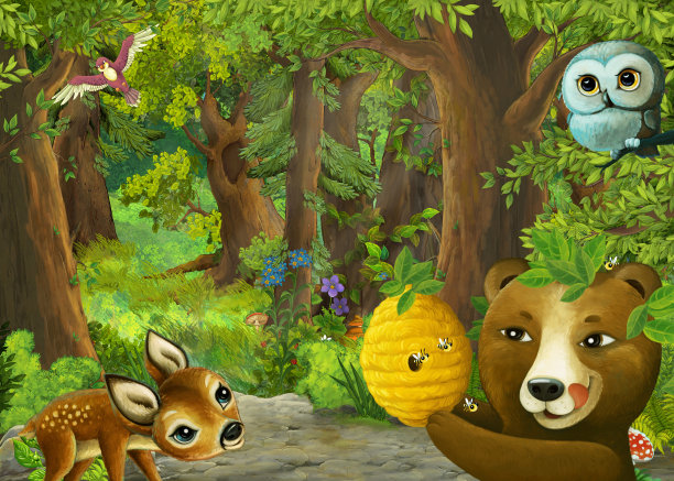 卡通自然场景附近的森林与动物的路径-插图图片下载