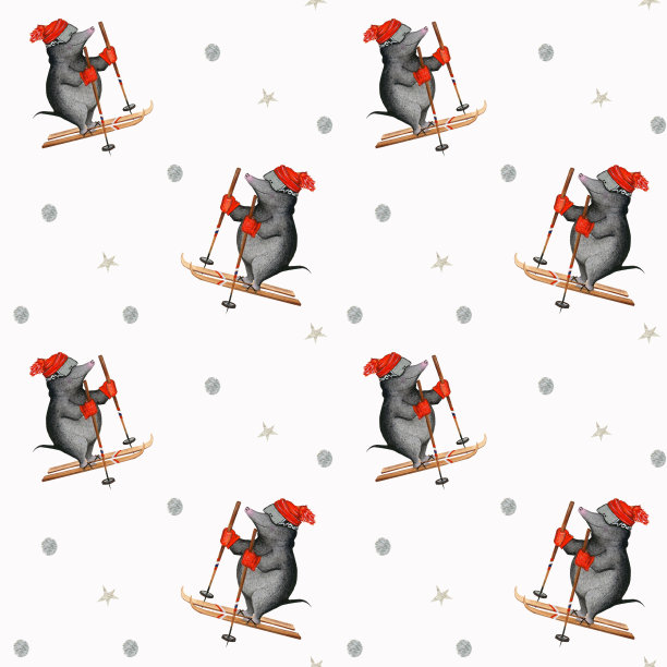 绅士在黑色天鹅绒滑雪在红色帽子和手套水彩图案图片下载