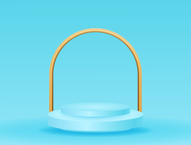 抽象的浅蓝色讲台与金色彩虹在蓝色的背景。颁奖典礼或艺术家表演的领奖台。圆的几何平台。股票矢量插图。图片下载