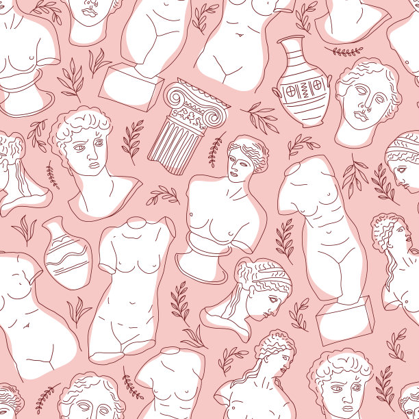 古希腊罗马集传统与文化于一体的矢量无缝格局。古平面图案的线性趋势，古希腊古罗马时期。表面图案粉红色。图片下载