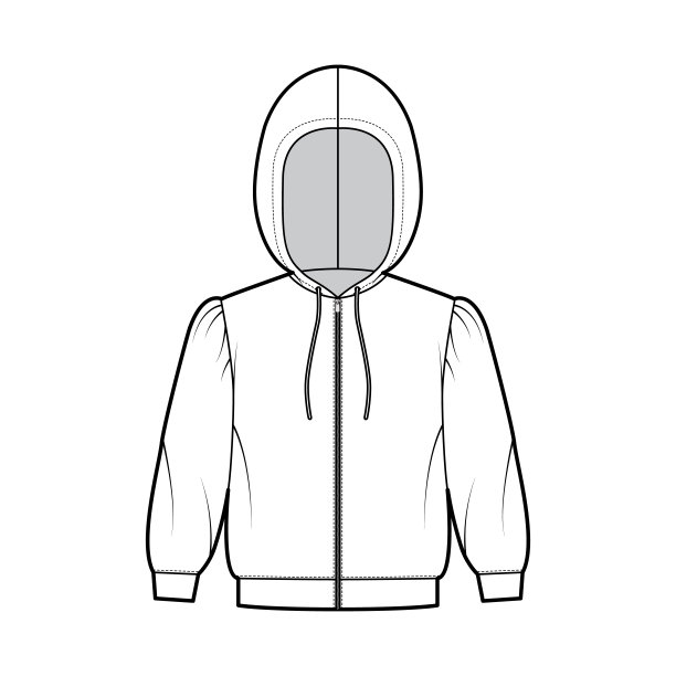 拉链连帽衫技术时尚插图肘袖，放松身体，束边，拉绳。平的小图片下载