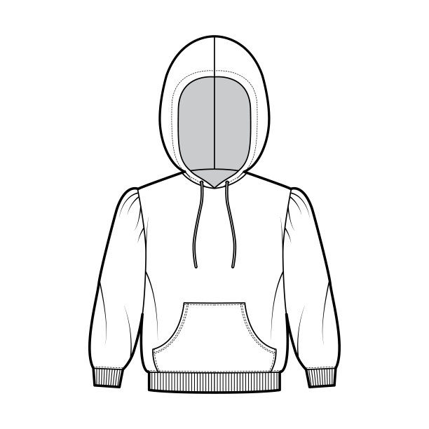 帽衫运动衫技术时尚插图与肘袖，放松身体，袋鼠袋，针织罗纹袖拉绳图片下载