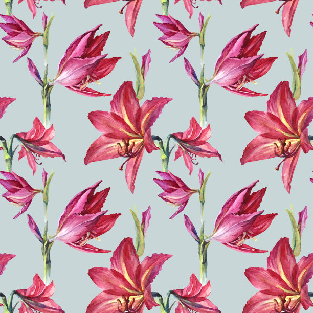 无缝模式水彩夏季花束花红色百合和芽在蓝色的背景。手绘夏季植物插图贺卡，庆祝，婚礼，生日，墙纸，包装，纺织品，礼物图片下载