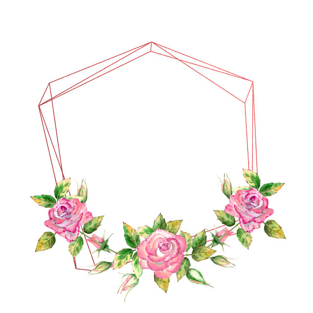 几何形状的框架上装饰着鲜花。粉红色的玫瑰，绿叶，开着闭着的花。精致的水彩画插图图片下载