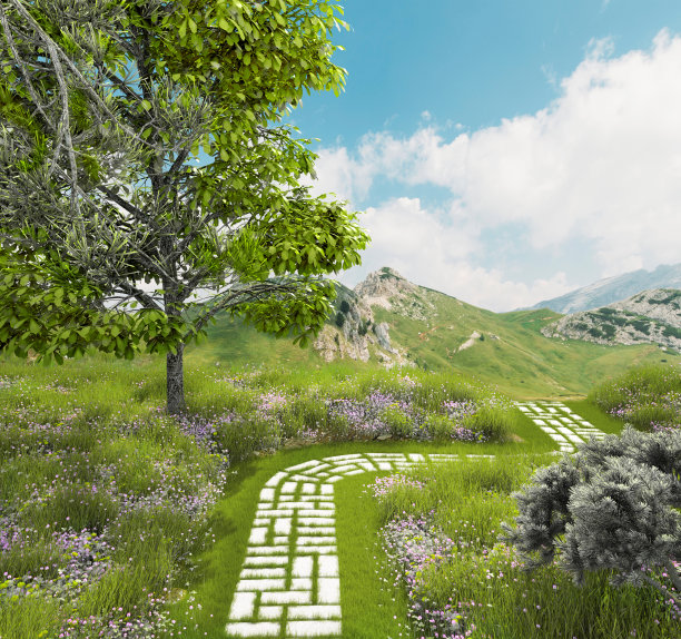 景观公园内俯瞰山景3d渲染图片下载