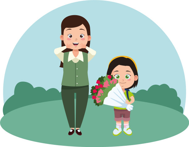 可爱的年轻女老师和带玫瑰花的女学生图片下载