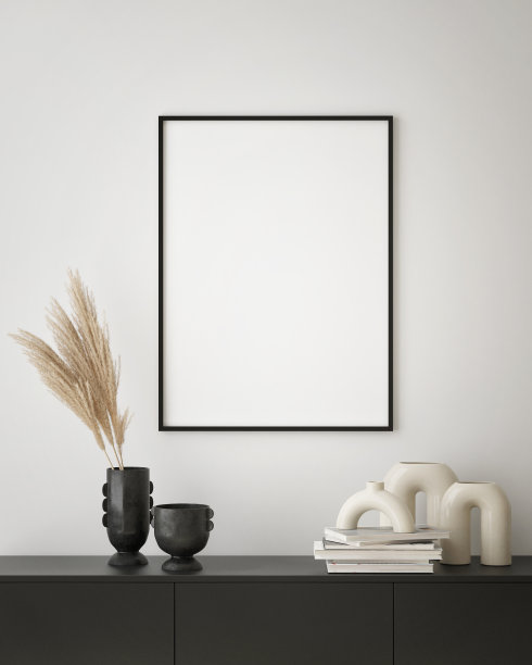 模拟海报框架在现代室内背景，装饰艺术风格，3D渲染图片下载