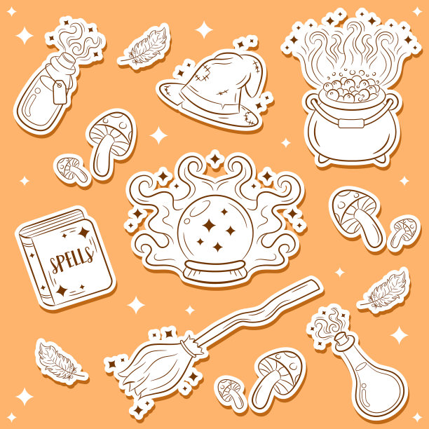 万圣节元素设置彩色素描图片下载