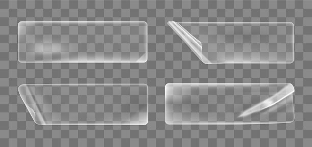 透明胶水皱巴巴的矩形贴纸与卷曲的角模拟设置。空白不干胶透明纸或塑料不干胶标签具有卷曲、起皱效果。三维逼真矢量图标图片下载