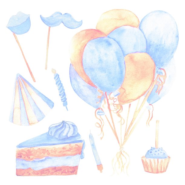 一套庆祝生日的元素假胡子和嘴唇，帽子，蜡烛，气球，棒棒蛋糕，蓝色蛋糕片的男孩图片下载