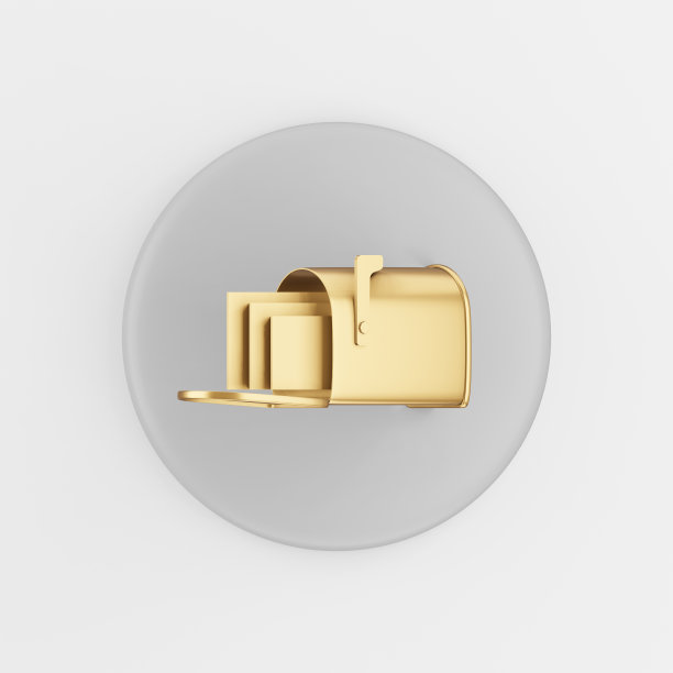 卡通风格的金色邮箱图标。3d渲染灰色圆形按钮键，界面UI用户体验元素。图片下载