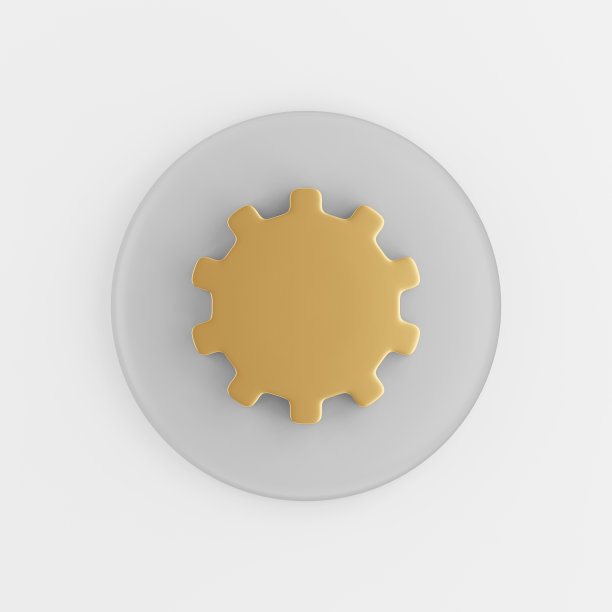 黄金齿轮图标在平坦的风格。3d渲染灰色圆形按钮键，界面UI用户体验元素。图片下载