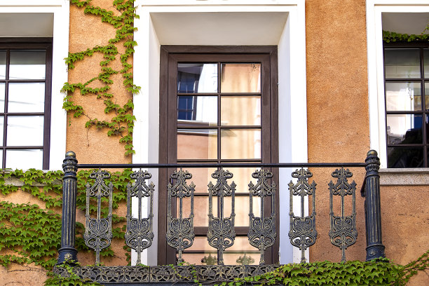 房子的锻造金属阳台。晴朗的秋日。前视图。图片下载