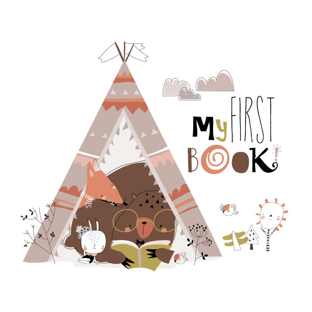 滑稽的卡通动物在一个帐篷里看书图片下载