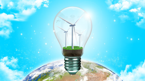 替代能源概念中的灯泡和风力涡轮机。图片下载