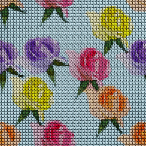 插图。十字绣。玫瑰花朵。纹理的鲜花。连续复制的无缝模式。花的背景,拼贴。图片下载