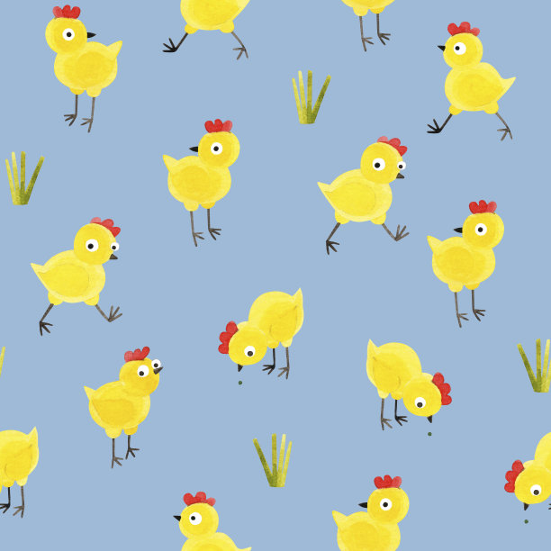 滑稽的黄色小鸡无缝图案。手绘水彩纹理与可爱的小鸟在一个天蓝色的背景。复活节印刷，插图，背景。适用于纺织品、包装、儿童设计。图片下载