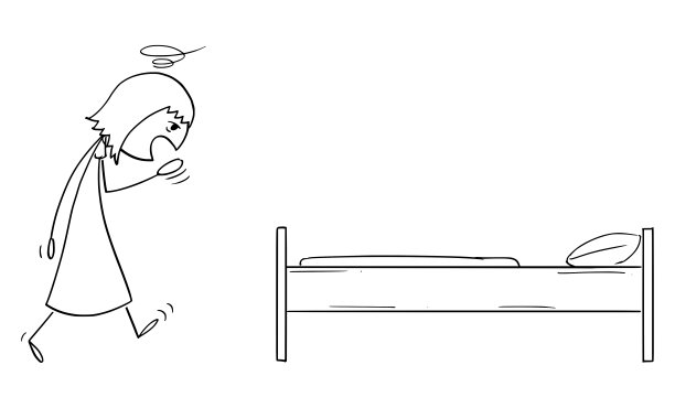 疲惫的女人要在床上睡觉，矢量卡通Stick Figure插图图片下载