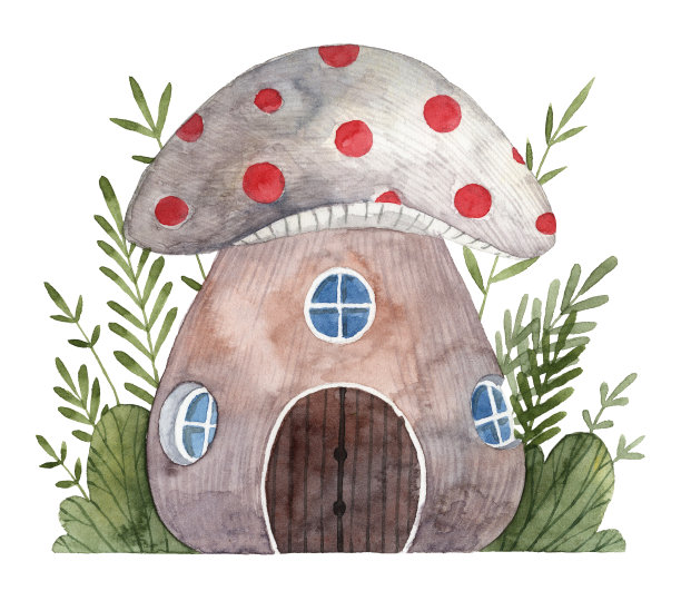 蘑菇屋的水彩插图。童话真菌图片下载