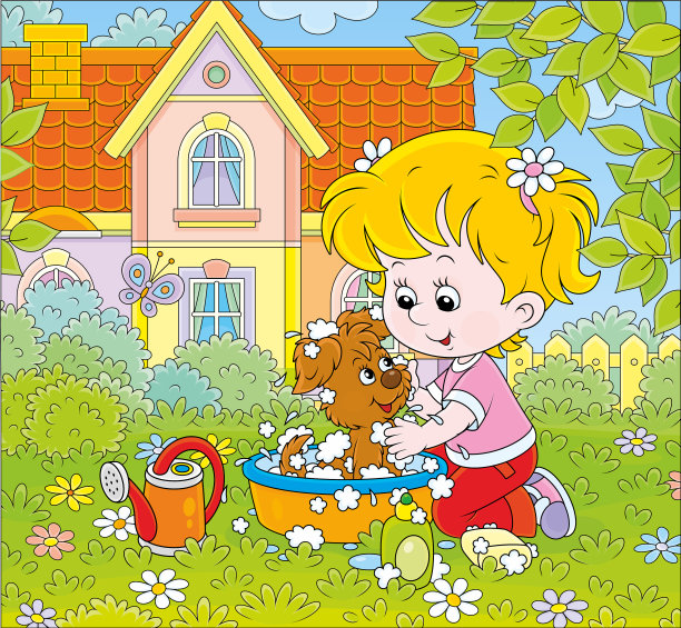 女孩给她的小狗洗澡图片下载