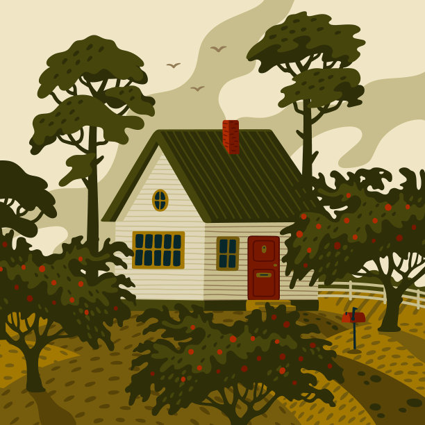 农场的房子与白色的乡村景观图片下载