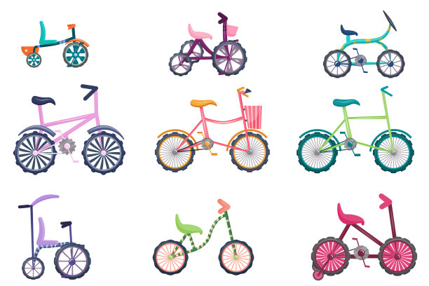 一组自行车被隔离在白色的背景上。青少年和学步儿童的自行车，两轮的，三轮的。矢量插图卡通风格。图片下载
