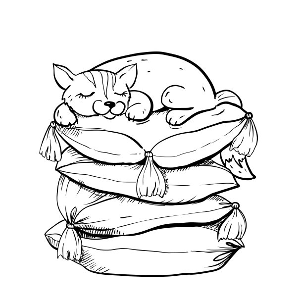 手画向量的儿童涂色书的猫睡觉的枕头。向量eps 8图片下载