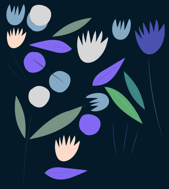 蜡笔花、郁金香、浆果艺术海报印刷。剪出拼贴风格的浅色对比海军蓝背景。现代极简插图多色程式化的草地花叶子混乱的构图纸包装贺卡明信片剪贴簿设计图片下载