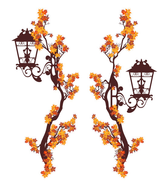 路灯与秋日树枝垂直边界矢量设计集图片下载