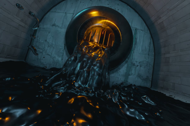 混凝土圆形隧道的3d渲染与栏杆被水淹没图片下载