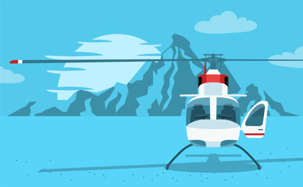 直升机的背景是一个抽象的山地景观。前视图。矢量平面风格的插图。图片下载