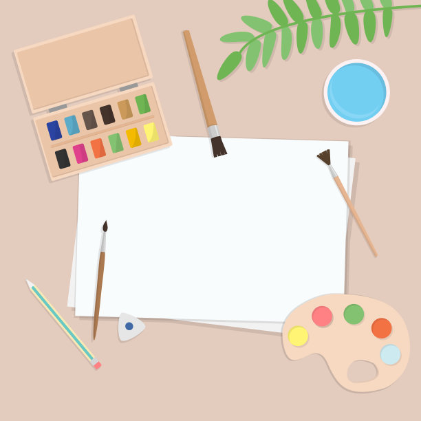 矢量插图与纸，笔刷和调色板。平面卡通风格，俯视图。图片下载