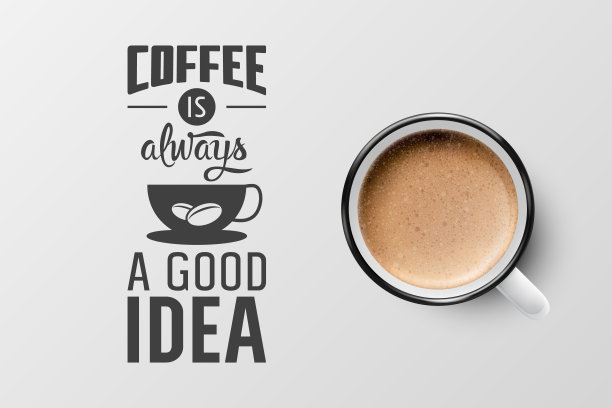 矢量3d现实白色金属搪瓷杯泡沫咖啡-卡布奇诺，拿铁-孤立。咖啡杯与排版引用，短语关于咖啡。股票插图。设计模板。俯视图图片下载