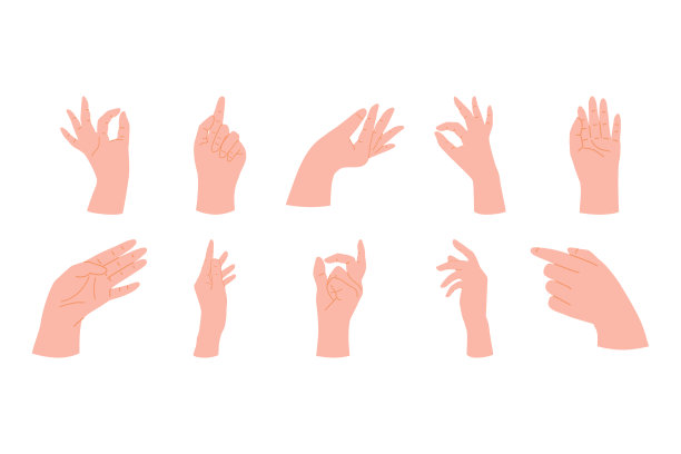 女人自然主义的手显示不同的姿态收集。握着，食指做手势，摊开手掌指着什么。手绘平面矢量元素插图。图片下载