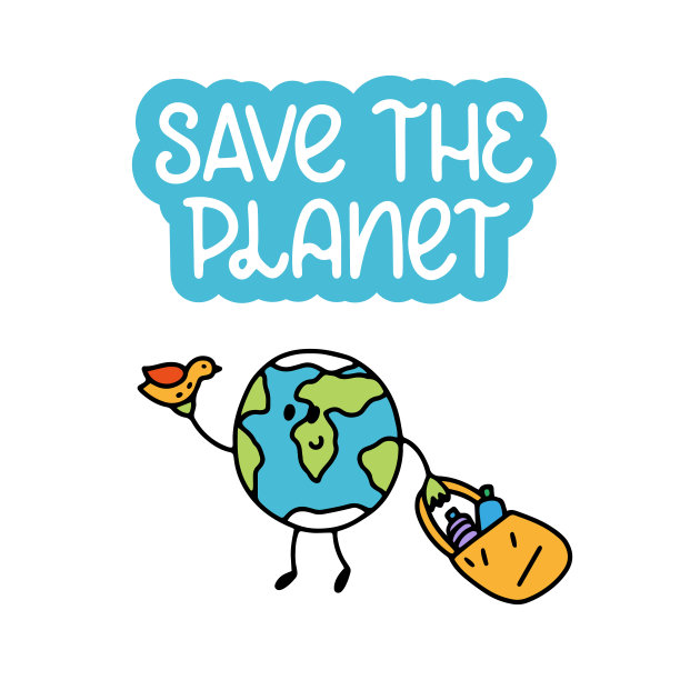 保存行星-矢量涂鸦与地球图标和手写字母。“零浪费,回收利用。矢量模板的卡片，明信片，横幅，海报，贴纸和社会媒体图片下载