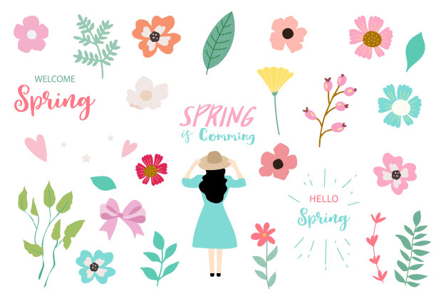 复活节的对象集合与兔子，蛋，花。可编辑的矢量插图网站，邀请，明信片和贴纸图片下载