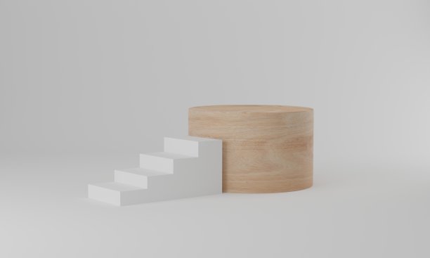 3 d渲染。抽象的最小背景，白色的楼梯和木制圆柱体裙台在白色的背景图片下载