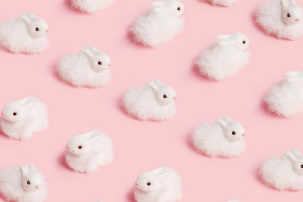 图案与白色毛茸茸的兔子在柔和的粉红色的背景图片下载