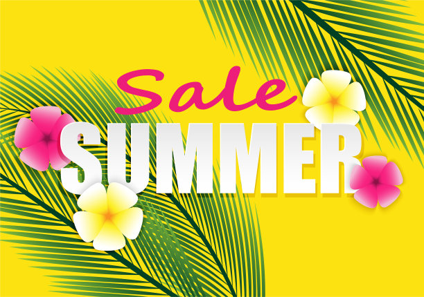 夏季销售背景。粉彩纸上的花朵和手掌图案。用于布局模板，横幅，传单，海报，小册子。向量。图片下载