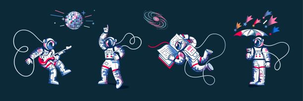 有趣的宇航员在太空设置。男人在迪斯科音乐中跳舞，弹吉他，撑着伞站在太空中，看书。空间探索乐趣娱乐矢量插图图片下载