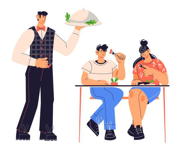 餐厅服务员为顾客上菜，平面矢量插图孤立。图片下载