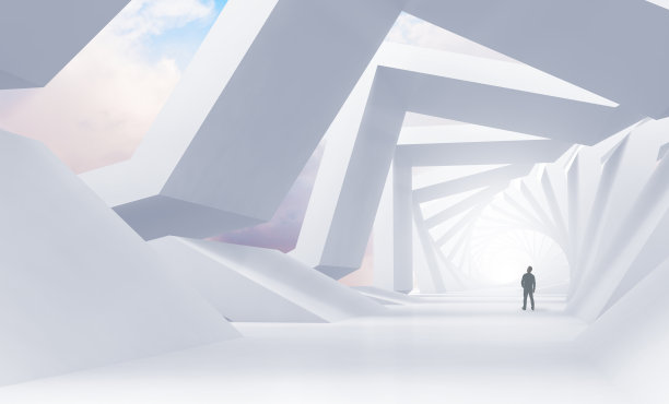 抽象的白色隧道透视与一个男人图片下载